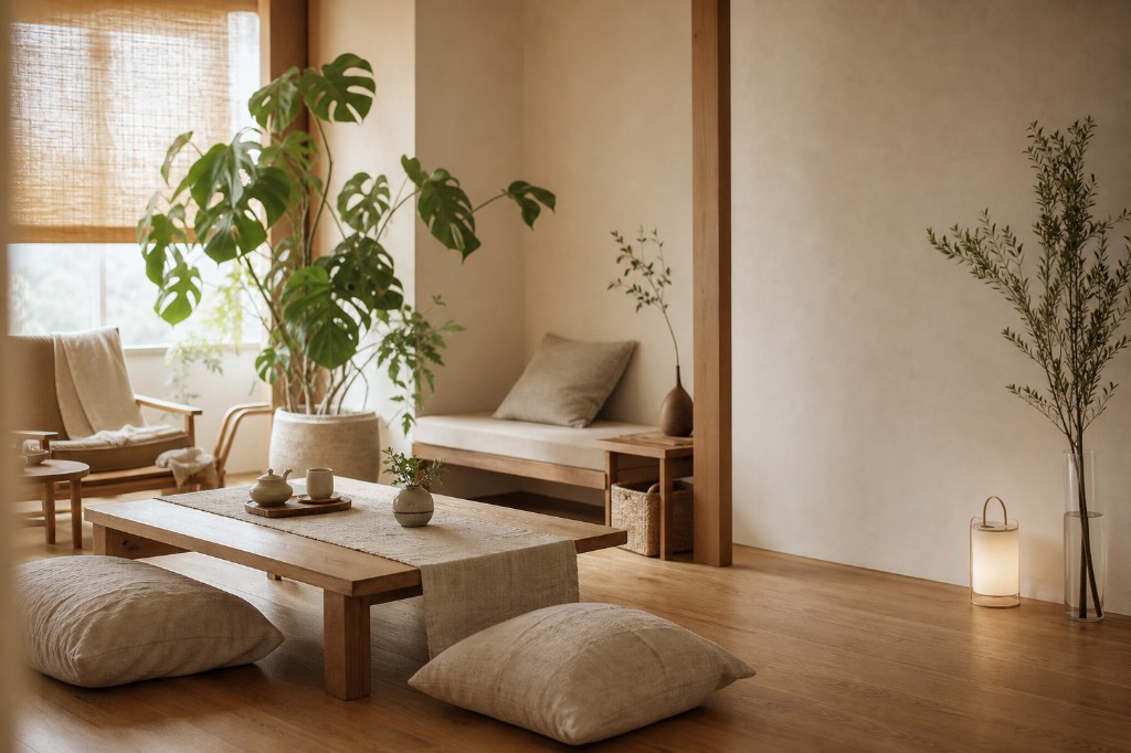 木と観葉植物、低いテーブルと座布団のある、落ち着いた和モダンな室内
